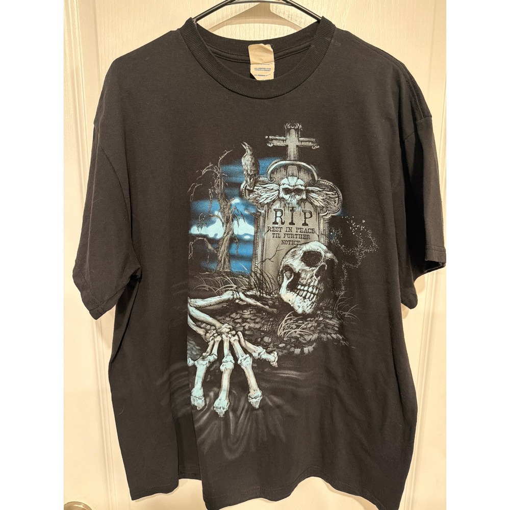 VTG Skeleton Shirt Mens Black Horror Gothic Zombie Tombstone Print Y2K